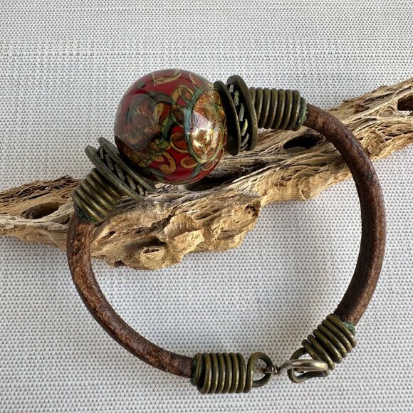 Vintage Boho Ceramic Bracelet, Leather Cord Choker - Picture 2 of 7